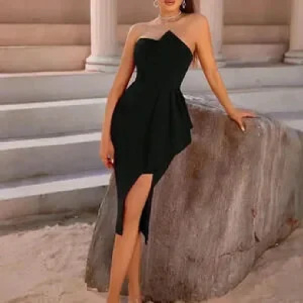 Black Preppy Womens Asymmetrical Hem Tube Bodycon Dress